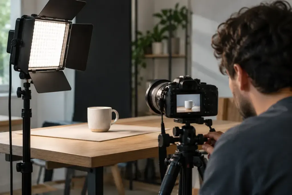 A small video set with an LED lamp and camera aimed at a ceramic mug.