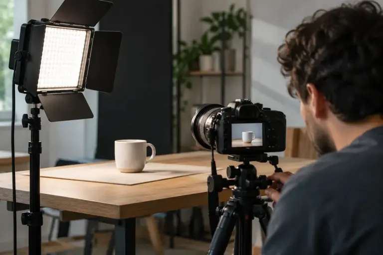 A small video set with an LED lamp and camera aimed at a ceramic mug.