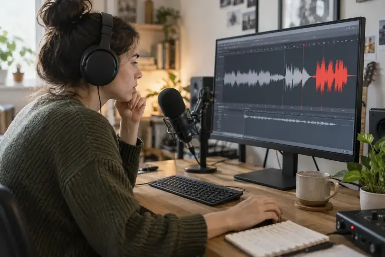 A creator checking an audio waveform beside a microphone in a home studio.