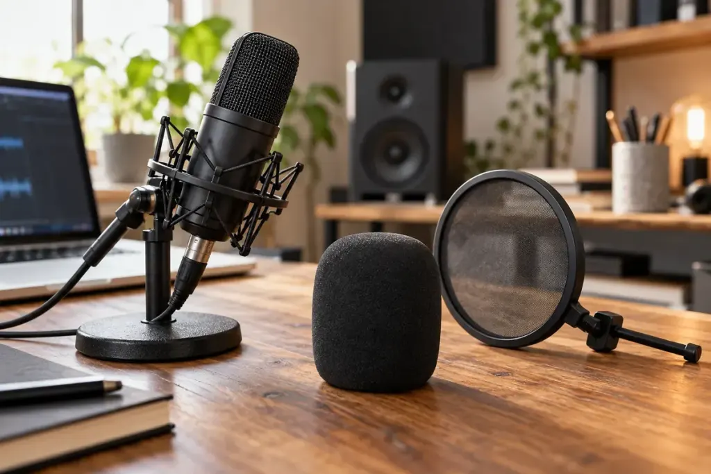 A microphone beside a foam cover and a mesh pop filter.
