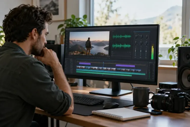 A video creator comparing audio recording settings and a video timeline on a desktop monitor.