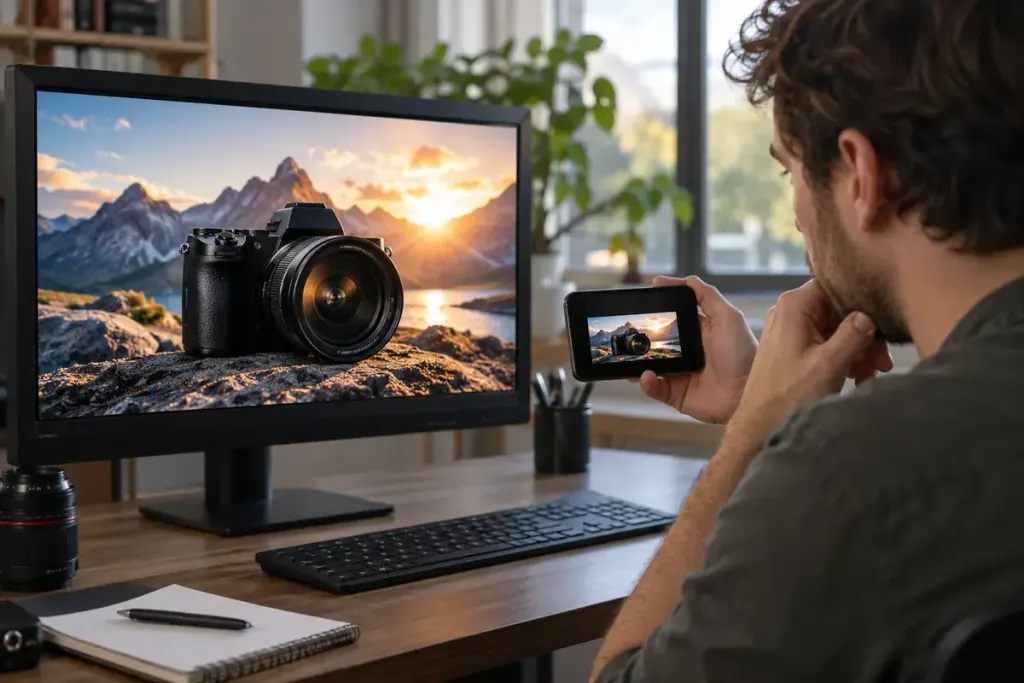 A video creator comparing one large thumbnail design on a computer with a small matching thumbnail on a smartphone, simple picture of a camera without readable text.