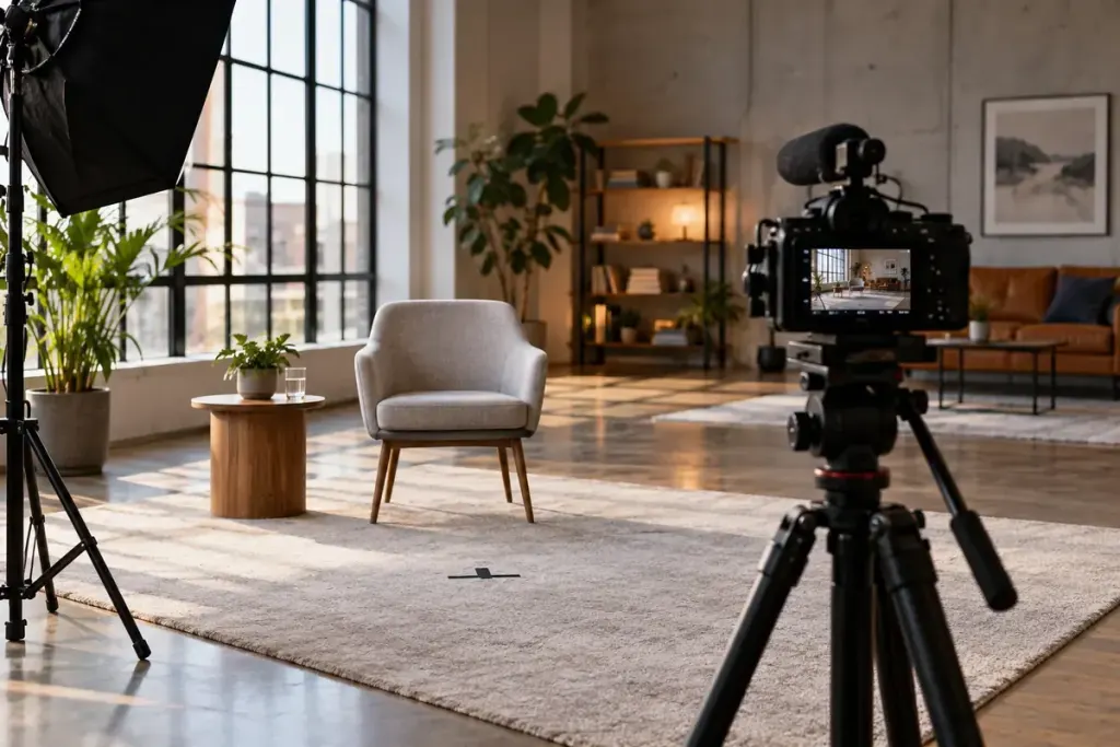 A camera on a tripod facing a presenter position marked discreetly on a studio floor.