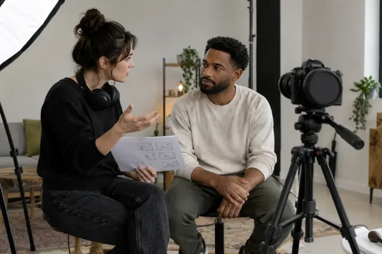 Content creator explaining a filming plan to an adult participant before camera recording starts, lens cap on, neutral studio.