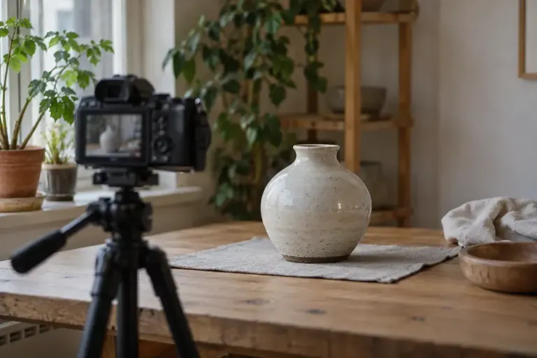 A small camera on a tripod recording a stationary ceramic object in a home studio.