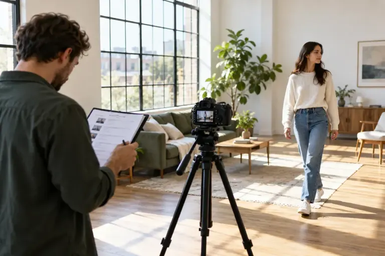 A small camera on a tripod facing a person walking across a bright room, another person checking a shot list.