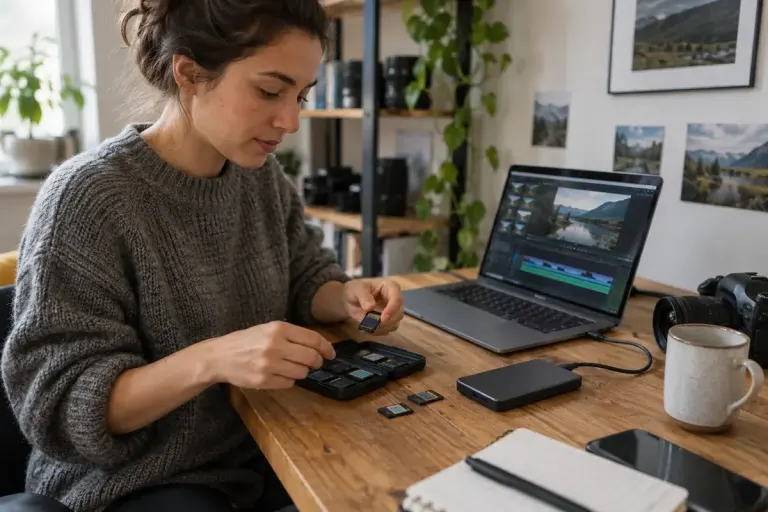 A content creator organising memory cards and an external drive beside a video editing laptop.