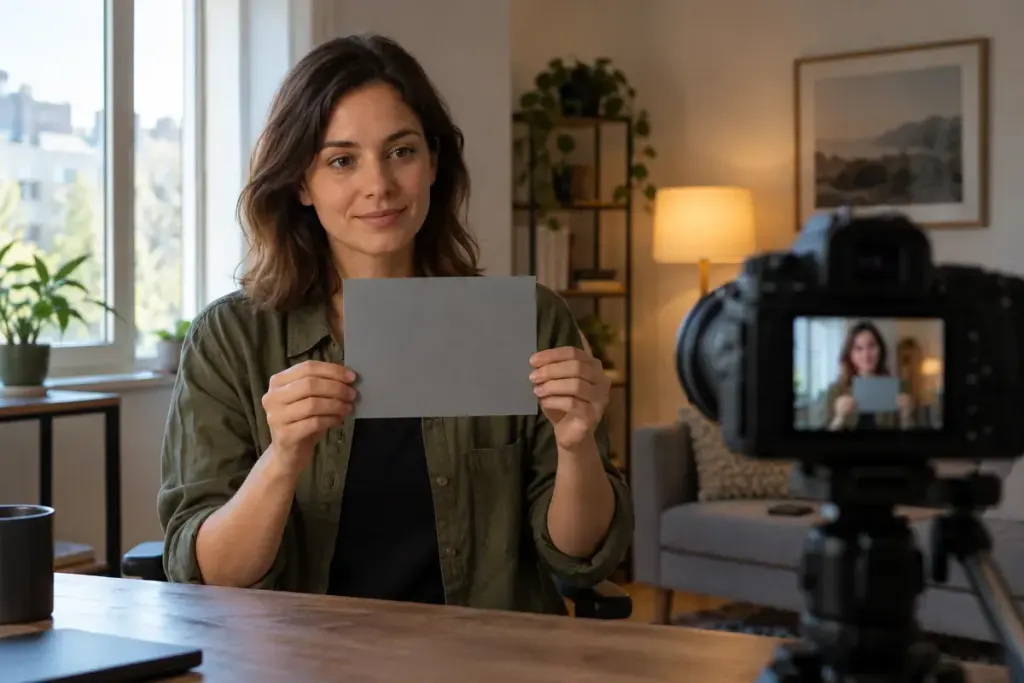 A video creator holding a neutral grey card in a room with window and lamp lighting.