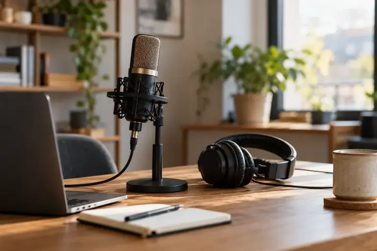 Microphone and headphones on quiet recording desk.