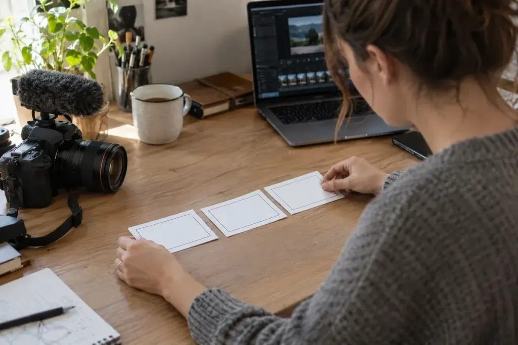 A creator planning a video beside a camera and storyboard cards.