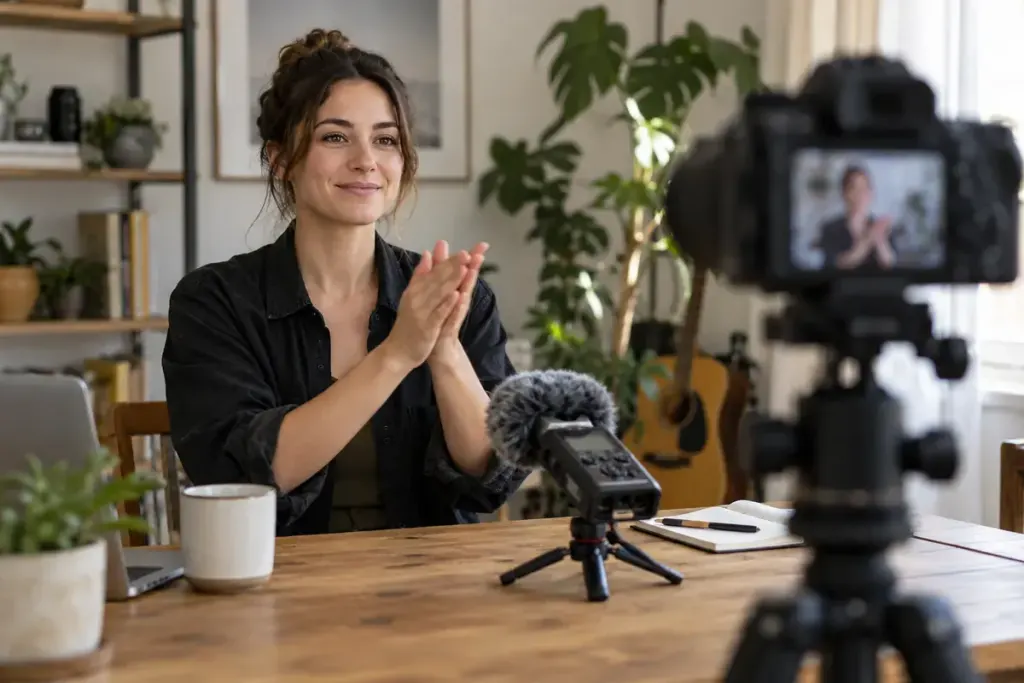 A creator recording a visible clap in front of a camera and microphone.