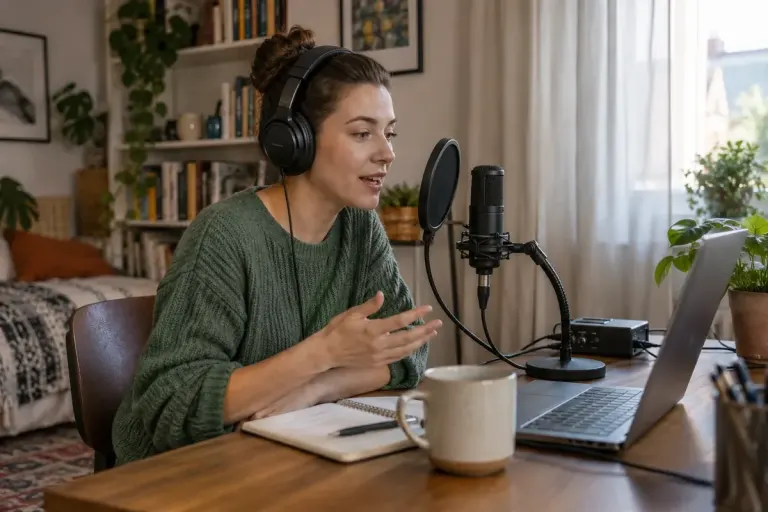 A desktop microphone and headphones in a softly furnished room.