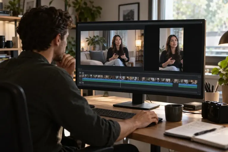 A video editor comparing wide and vertical versions of the same interview shot on a monitor, realistic editing room.