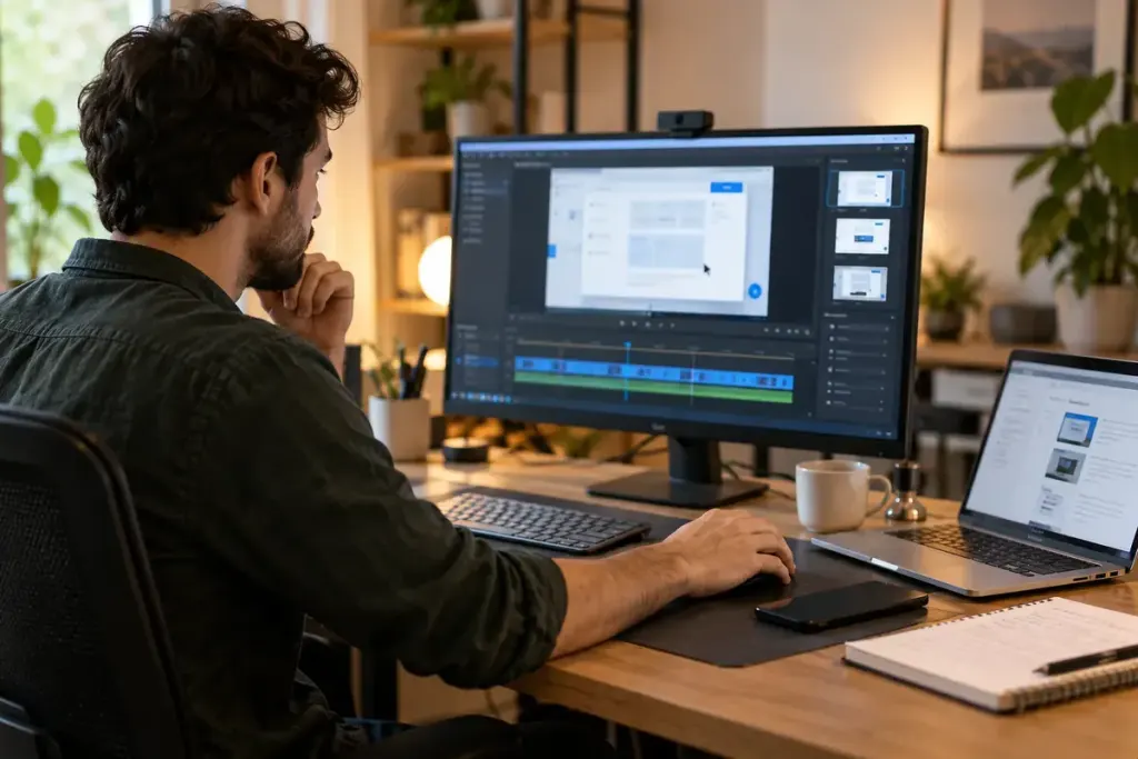 An independent video creator preparing a screen tutorial at a desktop, separate notebook and closed phone, generic blurred demonstration interface without personal information, realistic photo.