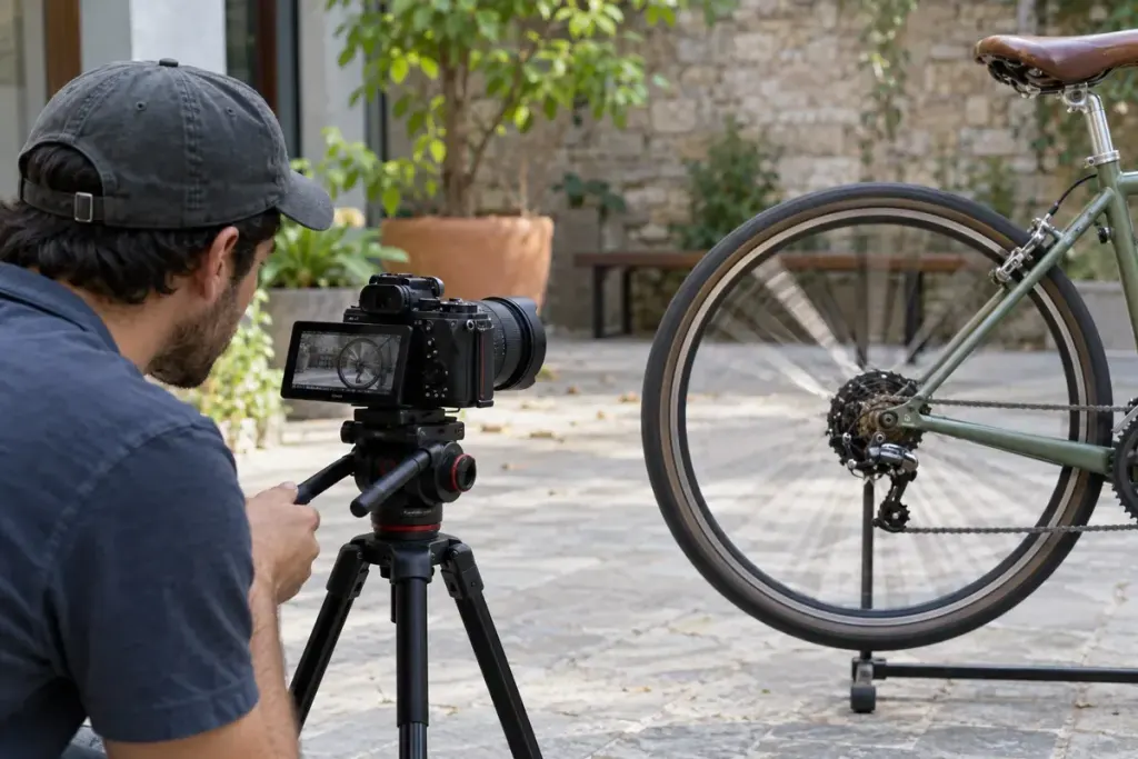 A filmmaker recording a moving bicycle wheel on a tripod in a controlled courtyard test.