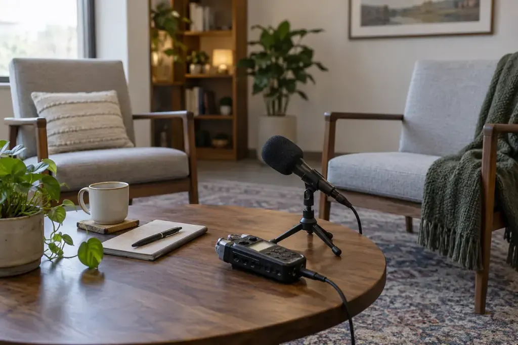 A small audio recorder and microphone in a quiet furnished interview room after the chairs are empty.