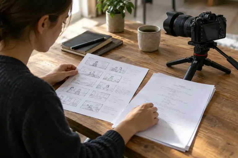 A creator arranging a shot-list sketch and a script beside a camera.
