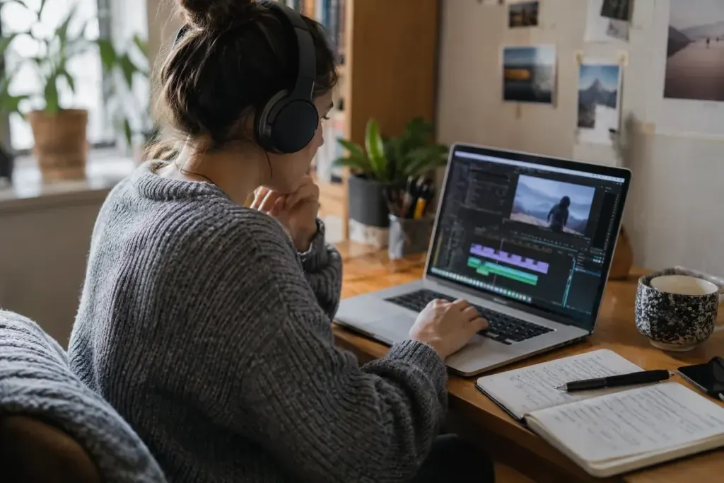 Creator editing a caption timeline on a laptop with headphones and a notebook, screen text unreadable.