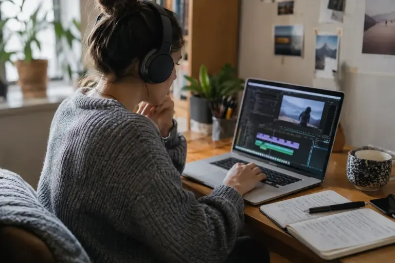 Creator editing a caption timeline on a laptop with headphones and a notebook, screen text unreadable.