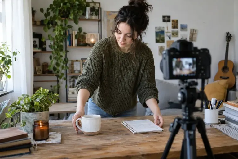 Small video creator arranging a mug and notebook consistently between two camera shots at a home studio table, camera on tripod.