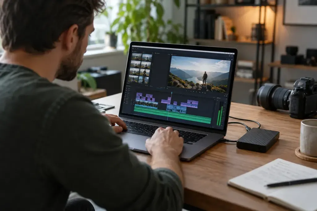 Video editor with laptop and external storage, abstract timeline on screen.