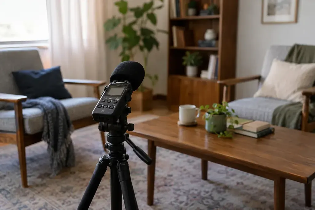 A compact audio recorder on a tripod in a quiet furnished room after filming.